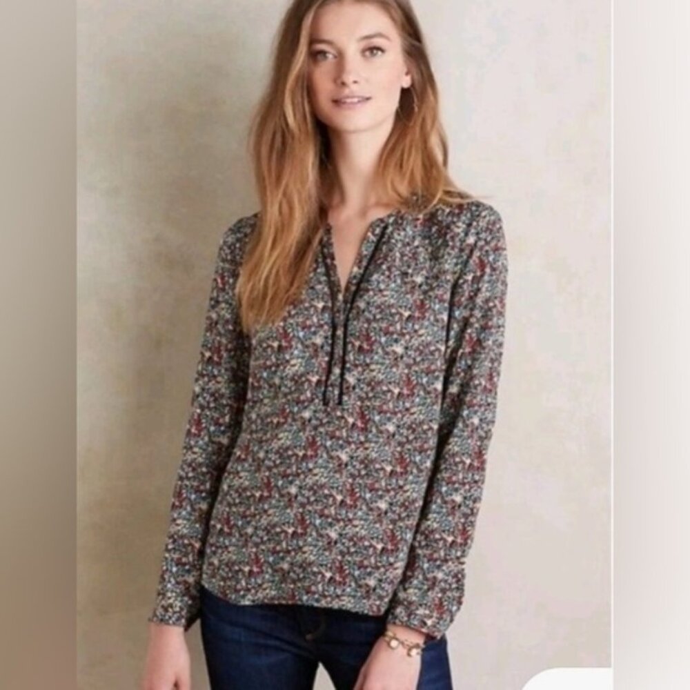 Anthropologie Meadow Rue Floral Print Long‎ Sleeve Henley Top